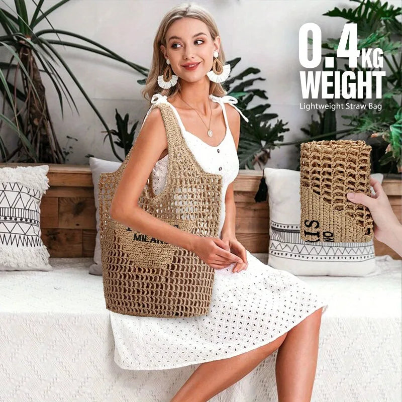 Summer Straw Beach Bag New Woven Bag Straw Mesh Tote Bag Foldable Large Capacity Womens Crossbody Shoulder Bag Purse for Holiday - Louie's Joint 