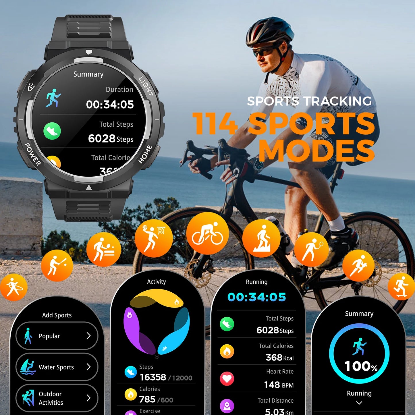 EIGIIS Smart Watches for Men with LED Flashlight 1.53" HD with 100+ Sport Modes Health/Sleep Monitor and 3ATM Waterproof Watche