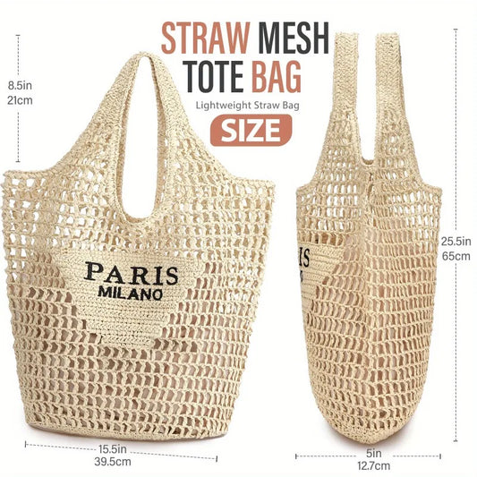 Summer Straw Beach Bag New Woven Bag Straw Mesh Tote Bag Foldable Large Capacity Womens Crossbody Shoulder Bag Purse for Holiday - Louie's Joint 