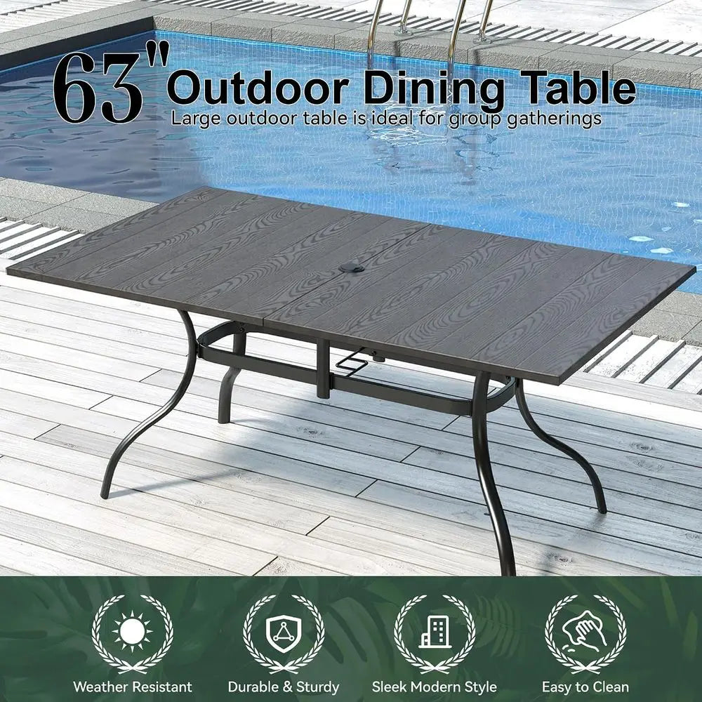 Patio Dining Table or 6,Large RecOutdoor Table with Adjustable Umbrella Hole,63"x 38"x 28",Brown