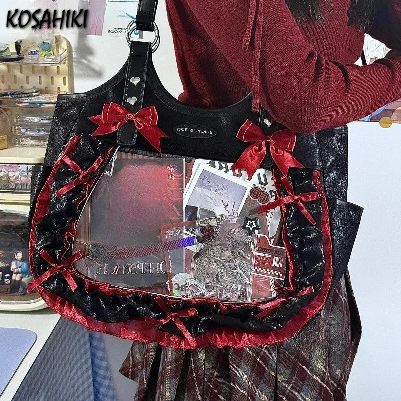 Luxury Design Ruffled Lolita Women Handbags Punk Gothic Bow Underarm Bag Transparent Sweet Lace Shoulder Ita Bags Y2k Aesthetic - Louie's Joint 