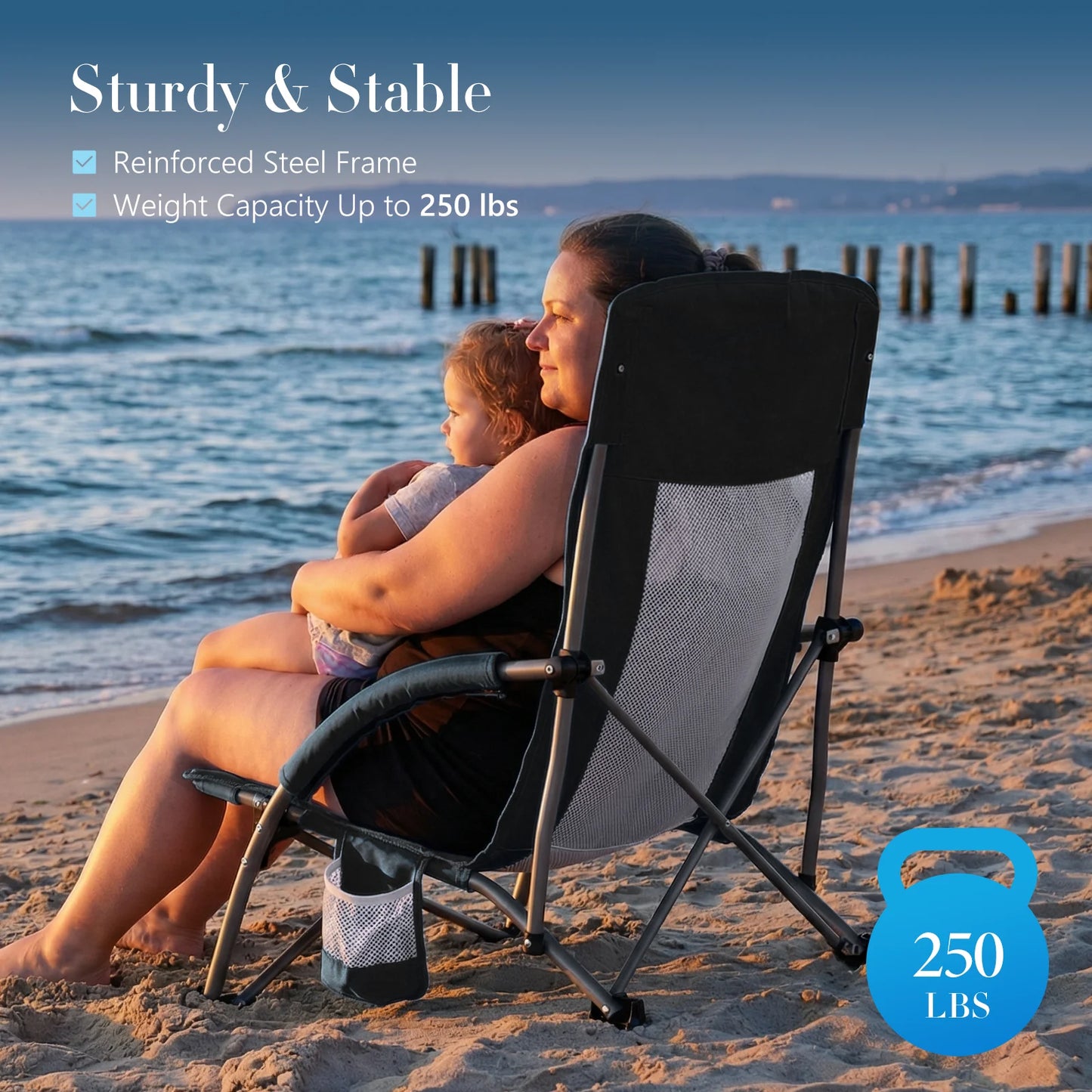 JHK Outdoor Portable Low Beach Camping Chair Folding Chair with Cup Holder Padded Armrests Sturdy Steel Frame Picnic Chair