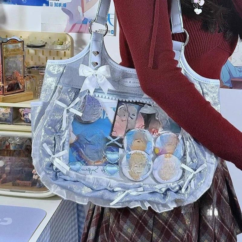 Luxury Design Ruffled Lolita Women Handbags Punk Gothic Bow Underarm Bag Transparent Sweet Lace Shoulder Ita Bags Y2k Aesthetic - Louie's Joint 