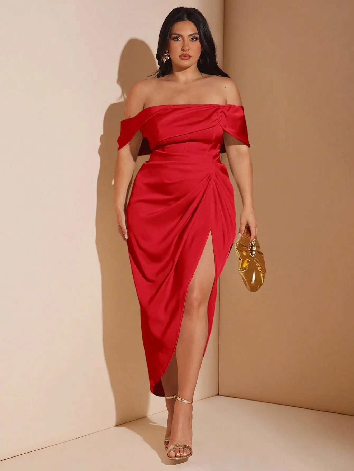 Elegant Off Shoulder Draped Satin Midi Dress For Wedding Bridesmaid