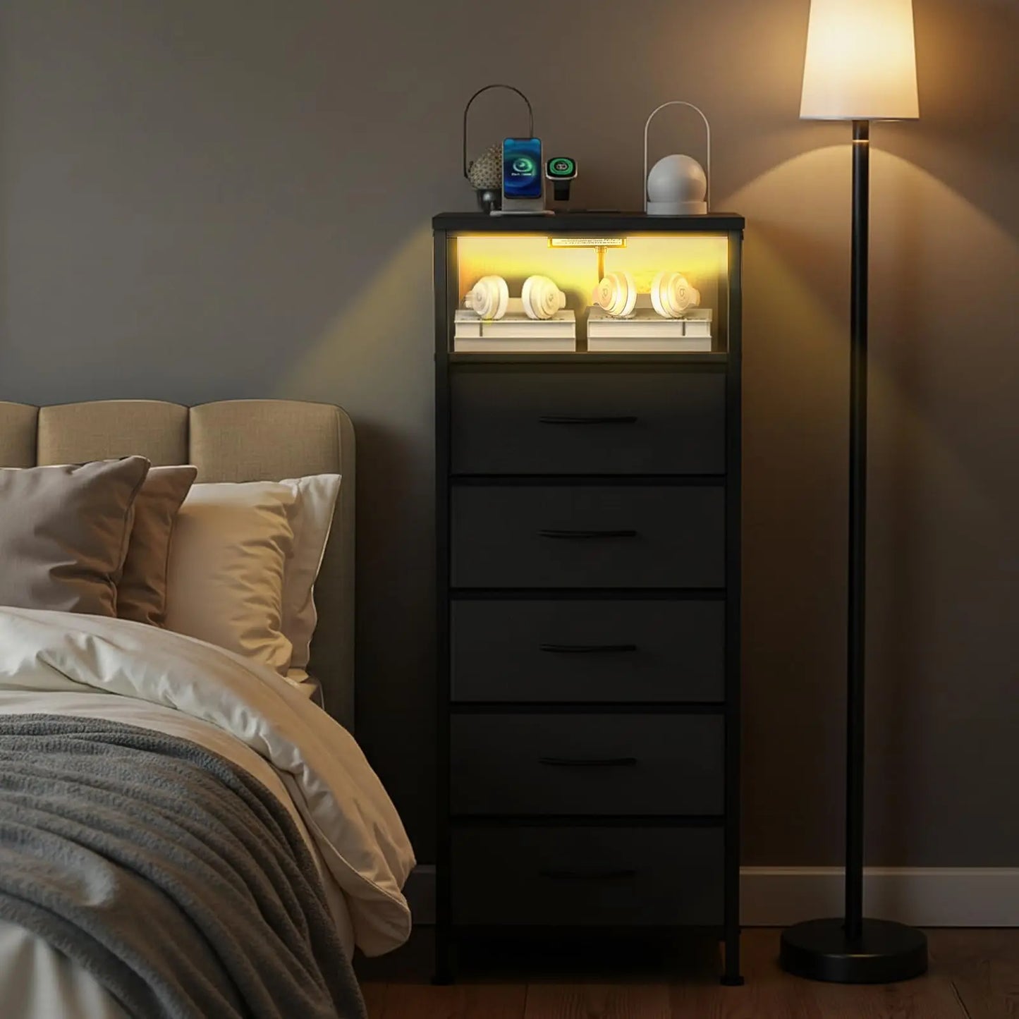 JHK 5 Fabric Drawers Dresser For Bedroom Nightstand with Charging Station and Outlets Adjustable Feet and Variable Light Strip