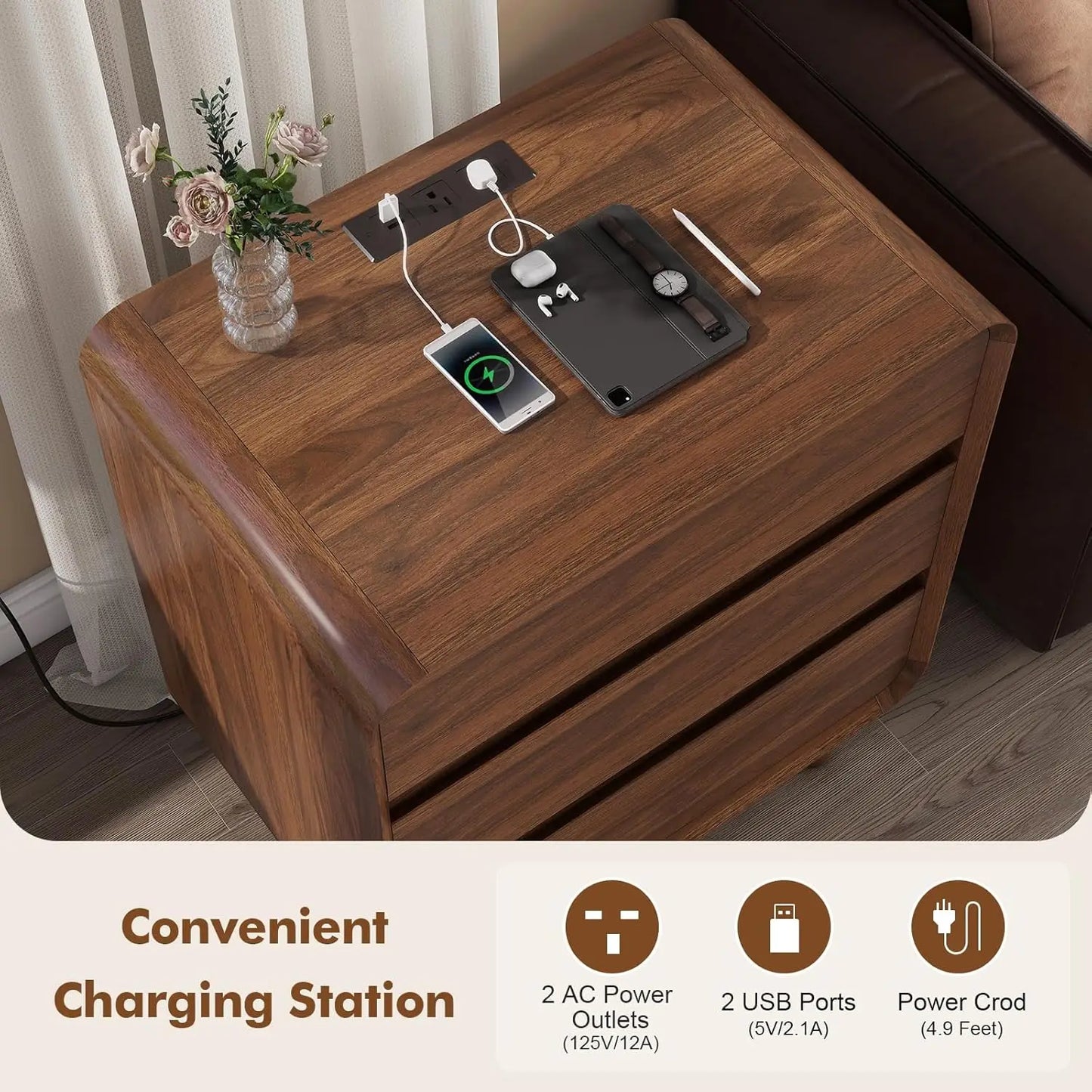 Three-Drawer Tall Nightstands Set Of Two With Charging Station