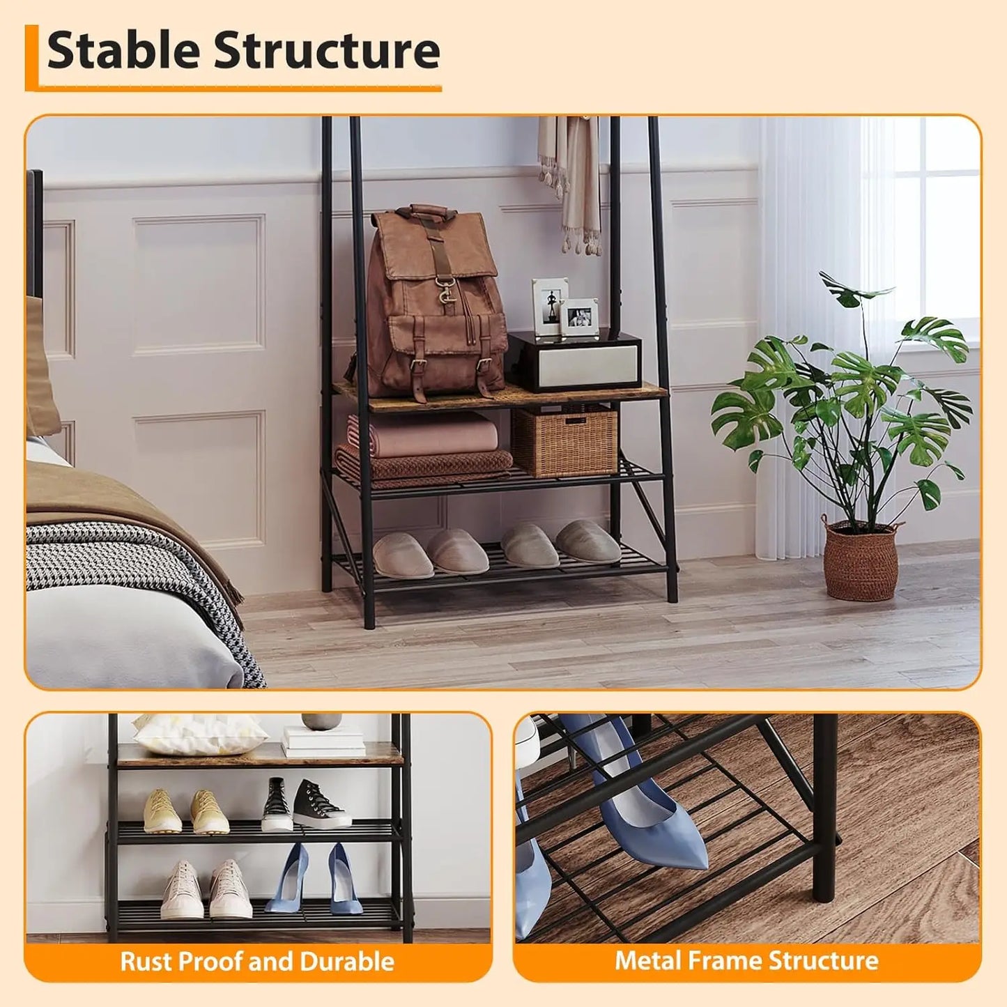 Coat Rack Hall Tree with Shoe Storage Bench, 4-in-1 Entryway Organizer Featuring 10 Hooks and 3 Tier Shoe Rack, Durable Metal Frame, Freestanding Storage Unit for Hallway, Single Row