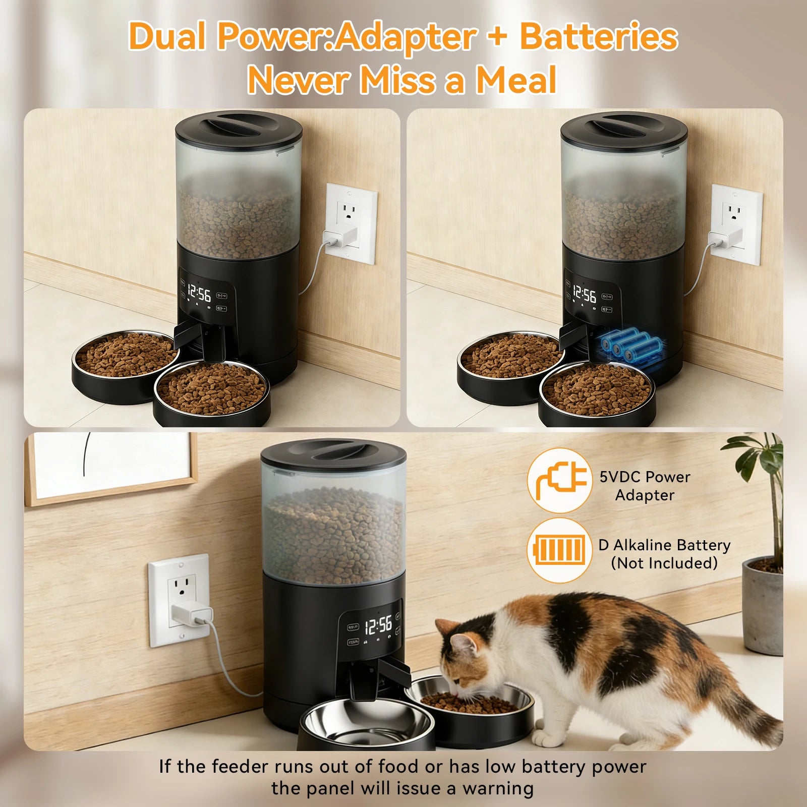 JHK 6L Automatic Cat Feeder with 2 Stainless Bowls Timed Cat Food Dispenser Dual Power Supply Dual Pet Feeder for Cat and Dog - Louie's Joint 