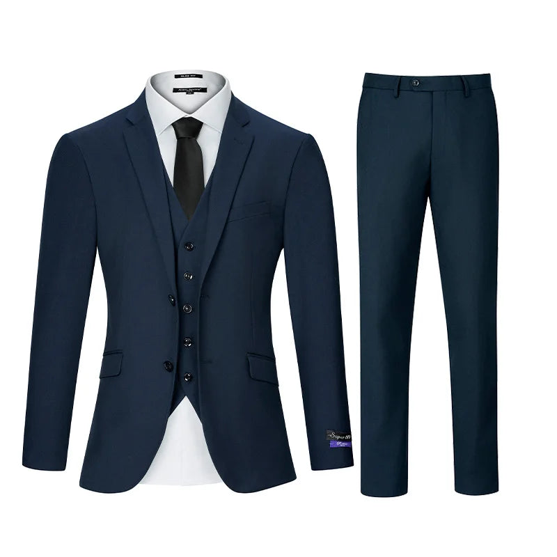 3pcs Men's Classic Solid Color Suit Set Long Sleeve Blazer with Button Details Non-Stretch Fabric Regular Fit for All Seasons