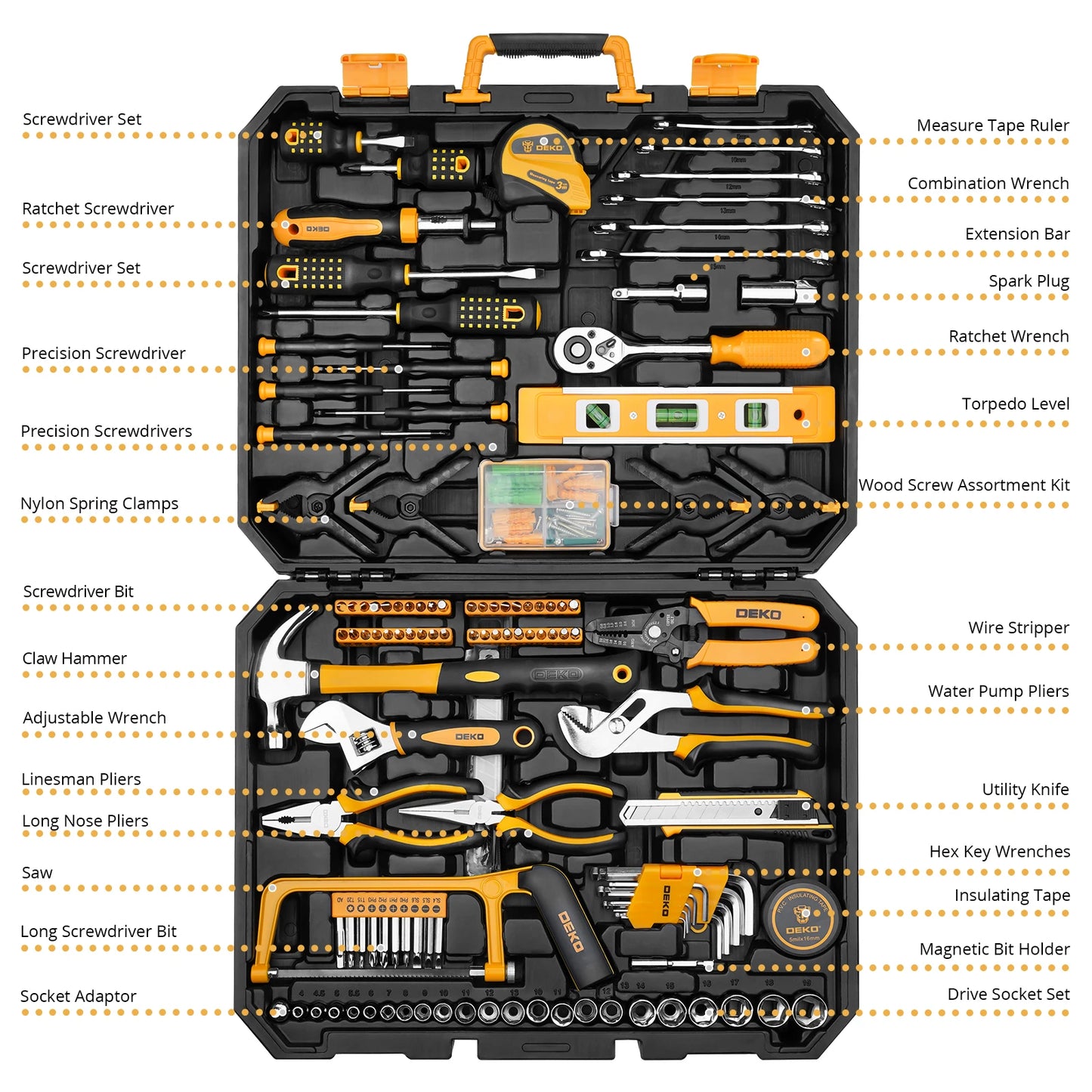 DEKO 228Pcs Socket Wrench Auto Repair Tool Combination Package Mixed Tool Set Hand Tool Kit with Plastic Toolbox Storage Case - Louie's Joint 