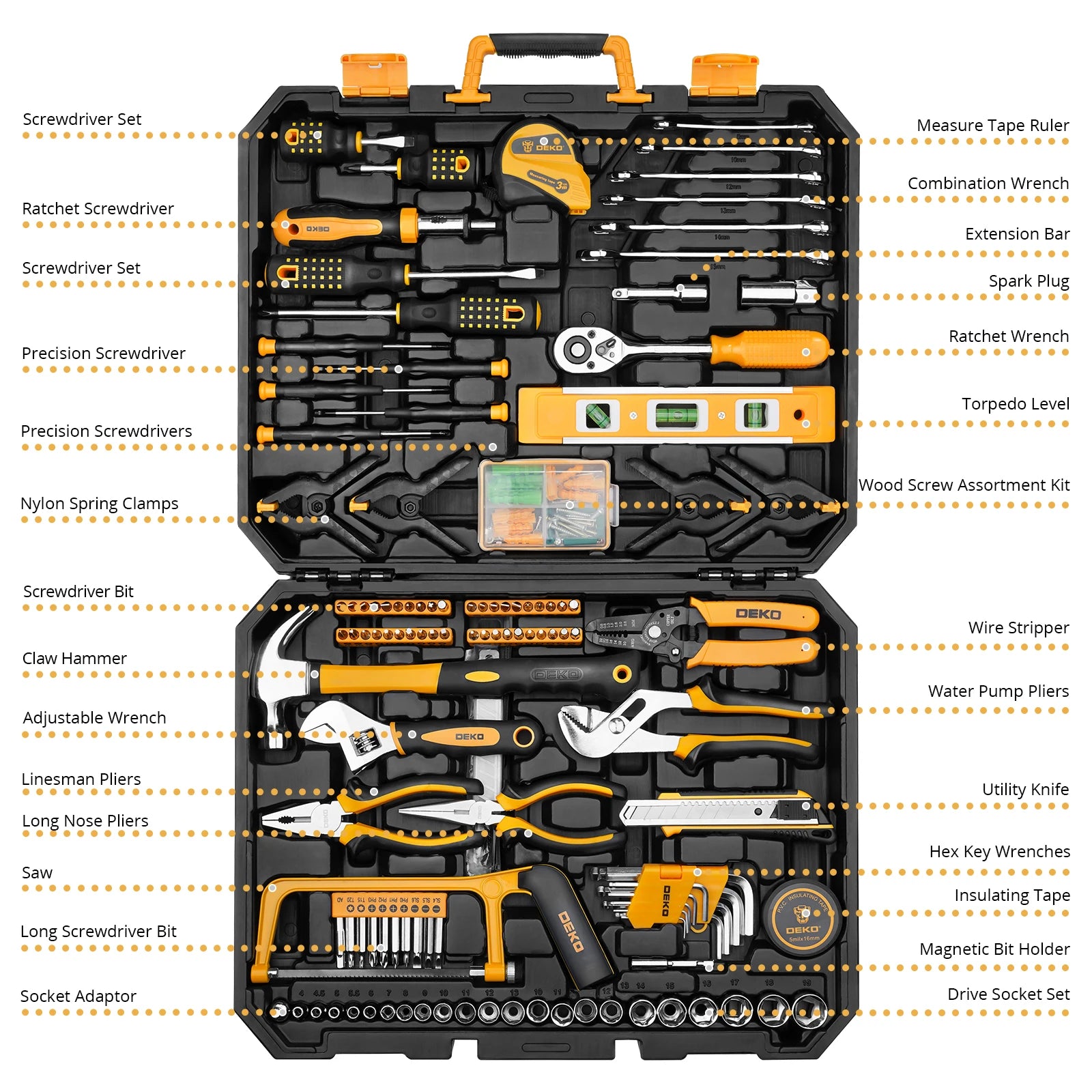 DEKO 228Pcs Socket Wrench Auto Repair Tool Combination Package Mixed Tool Set Hand Tool Kit with Plastic Toolbox Storage Case - Louie's Joint 