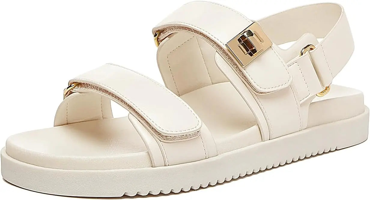Women's Leather Flat Sandals With Adjustable Double Strap Comfort Footbed