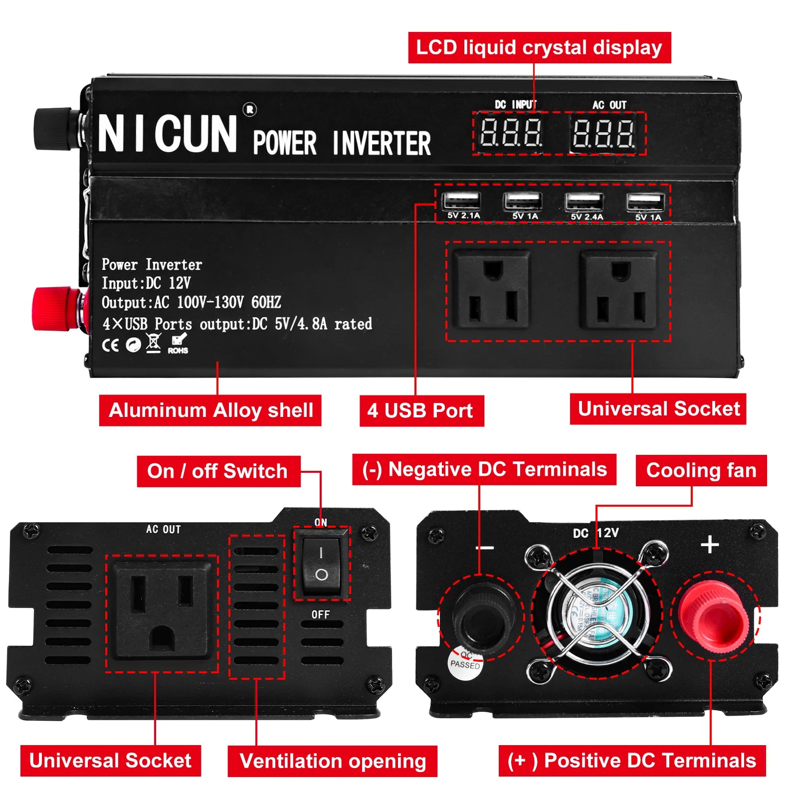 6000W Car Power Inverter DC 12V To AC 110V Pure Sine Wave Solar Power Converter 60Hz LCD Screen Display Portable Power Supply - Louie's Joint 
