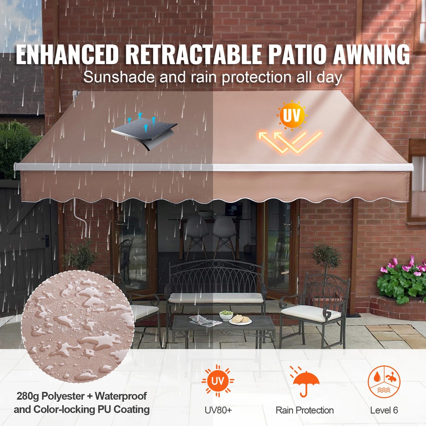 SucceBuy Manual Retractable Awning Outdoor Awning Retractable Sun Shade Water-Resistant Polyester Patio Door Window for Backyard - Louie's Joint 