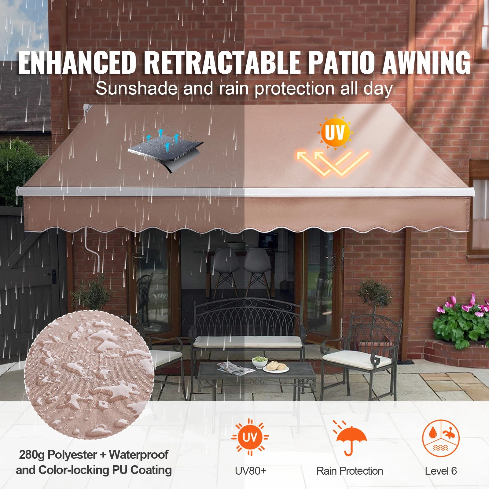 SucceBuy Manual Retractable Awning Outdoor Awning Retractable Sun Shade Water-Resistant Polyester Patio Door Window for Backyard - Louie's Joint 