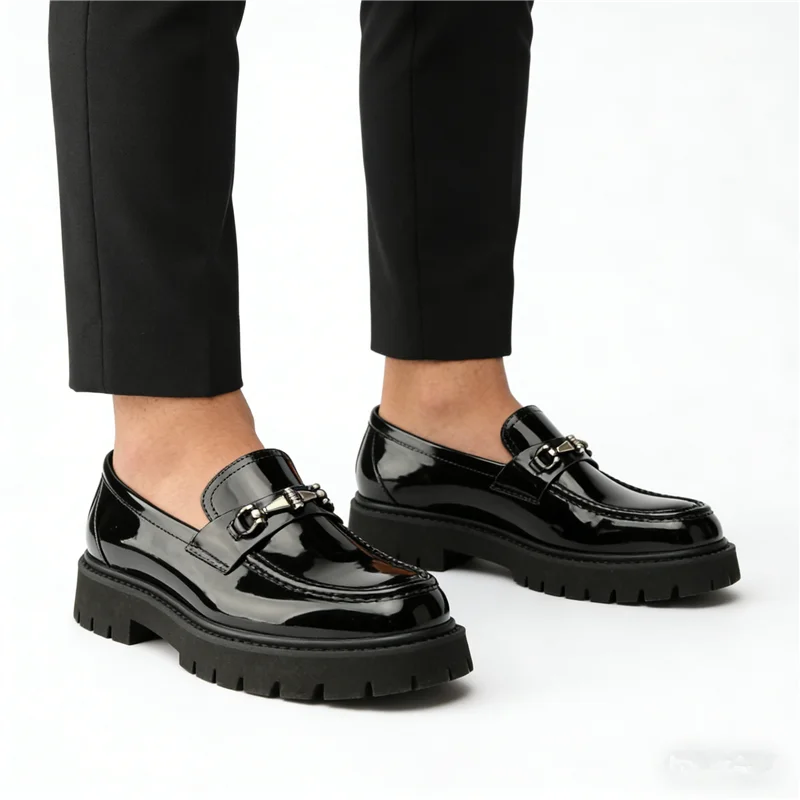 Metal Decoration Large Size Men's Leather Shoes Fashion Chunky Heel Platform All Match Loafers Outdoor Runway Single Shoes Hot