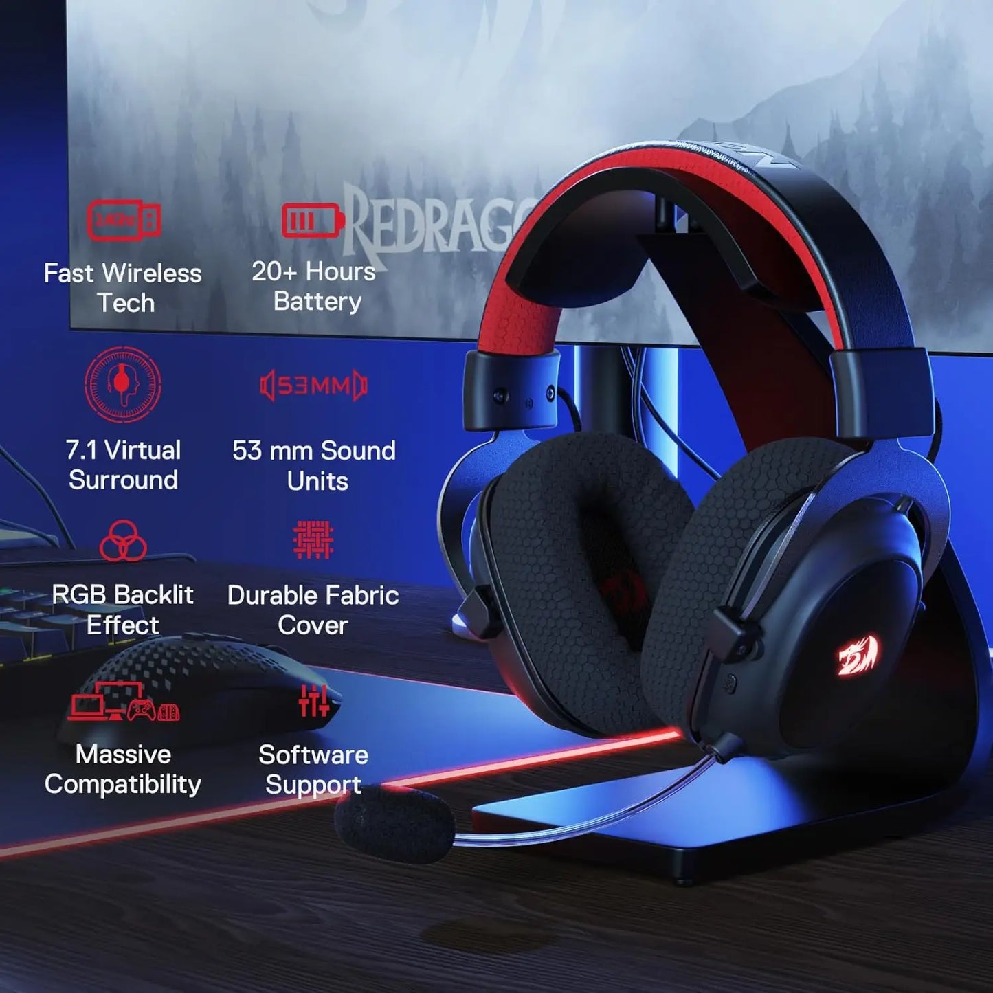 Redragon H510 Pro Zeus X RGB Wireless Gaming Headset With 7.1 Surround Sound