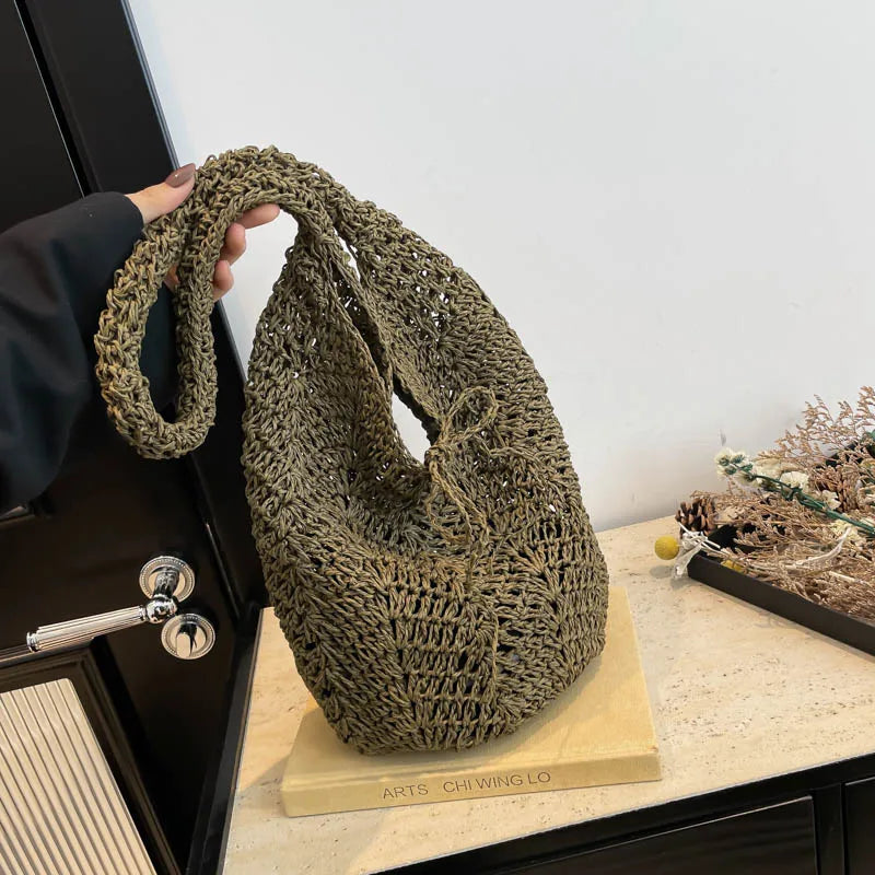 Women Straw Woven Shoulder Bag Handwoven Beach Tote Purse