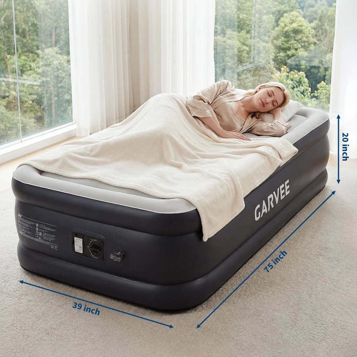 20in Raised Air Mattress Twin/Queen With Built-in Pump, Inflatable Bed For Guests, Vertical Coil Support, Leakproof PVC, Travel