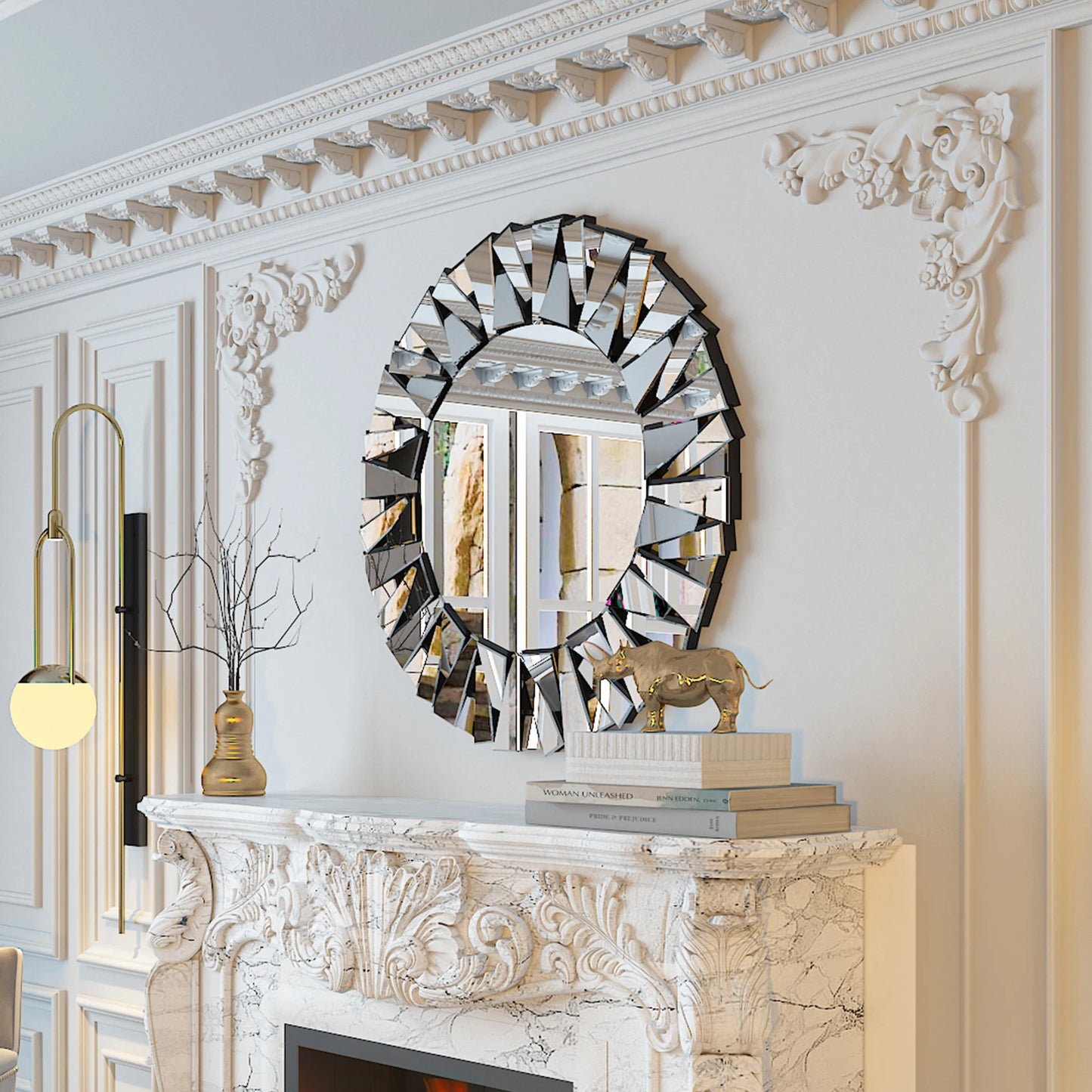32" Wall Mirrors Decorative Round Sunburst Mirror for Wall Decor Modern Silver Glass Wall-Mounted Beveled Hanging Circle Accents - Louie's Joint 