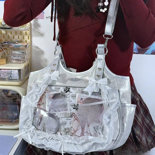 Luxury Design Ruffled Lolita Women Handbags Punk Gothic Bow Underarm Bag Transparent Sweet Lace Shoulder Ita Bags Y2k Aesthetic - Louie's Joint 