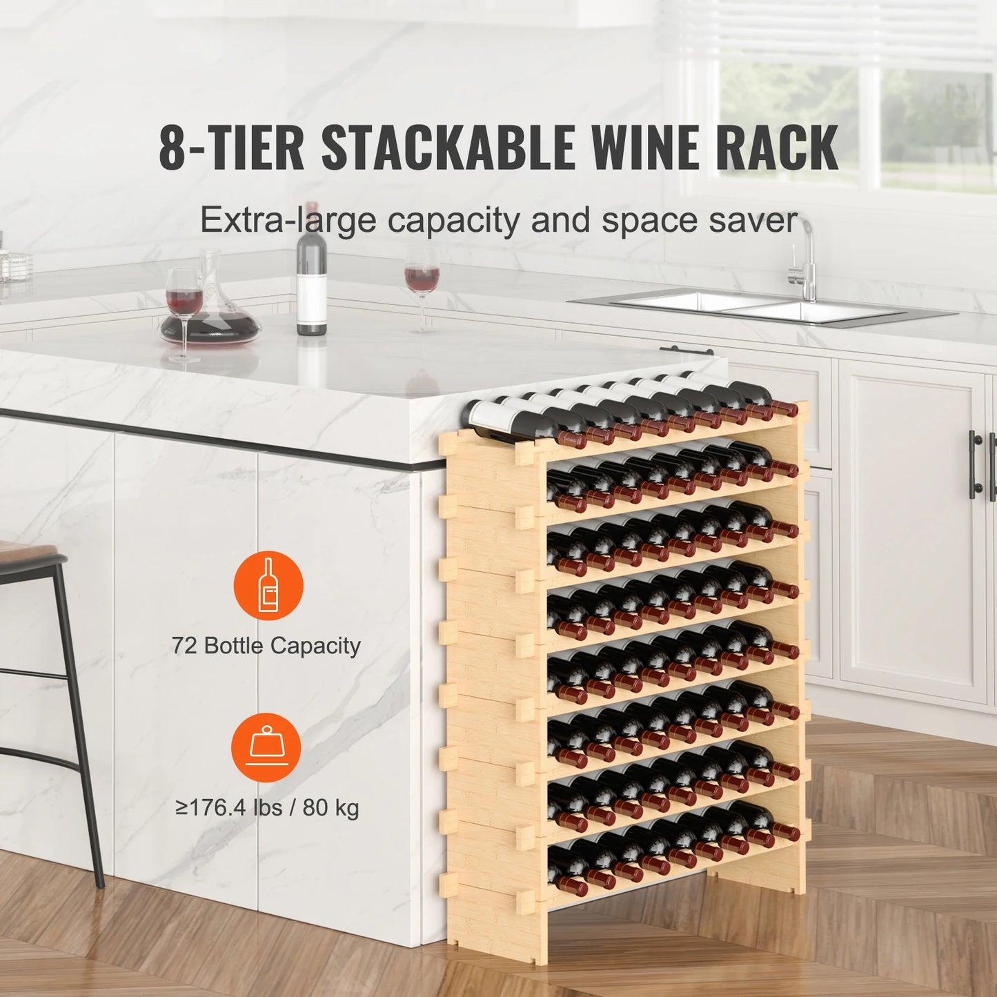 SucceBuy Eight-Tier Stackable Bamboo Wine Rack Free Standing Storage