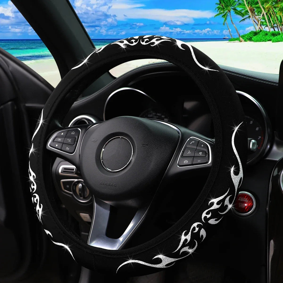 A Blingbling Flame Totem dynamic fabric car without inner ring steering wheel cover fits 14.5-15 inch automotive supplies - Louie's Joint 