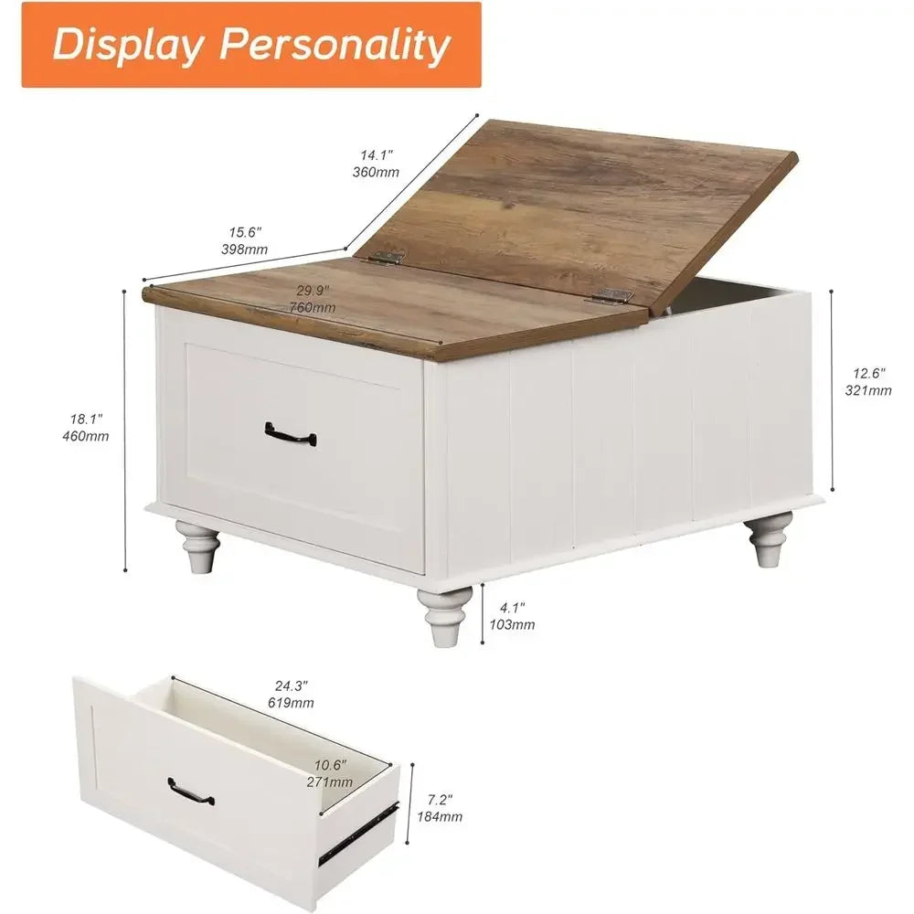 armhouse Lit Top Coee Table with Storage Cabinet, Square Coee Table with Large Der, Wooden Center Table or Living Room, Home, Oi