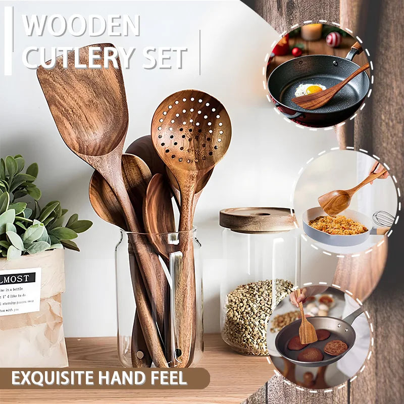Kitchen Luxury Teak Wood Utensil Set - Elegant 5-Piece Cooking Ensemble Including Spoons, Server, Scraper & Spatula