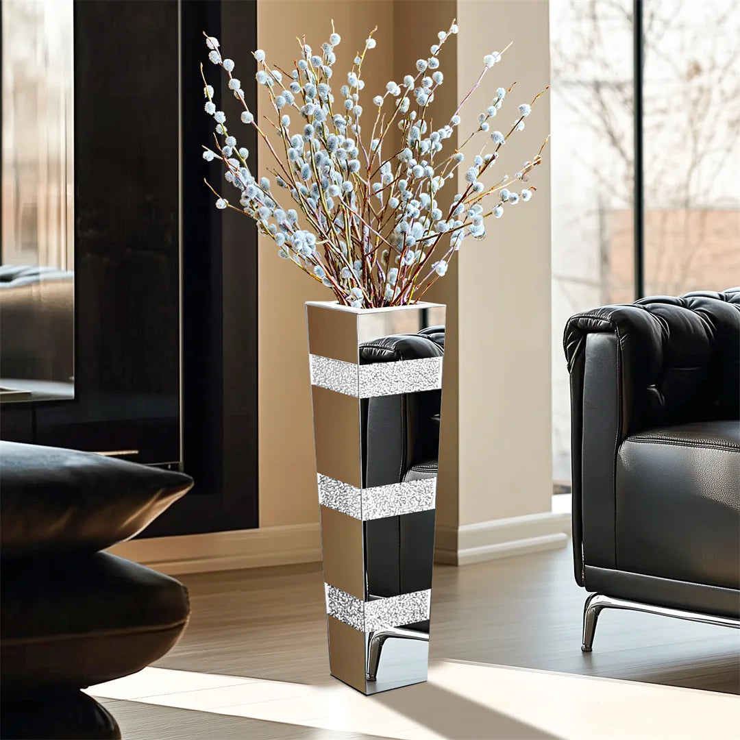 Modern Floor Vase Mirrored Silver Standing Flower Vase With Crystals