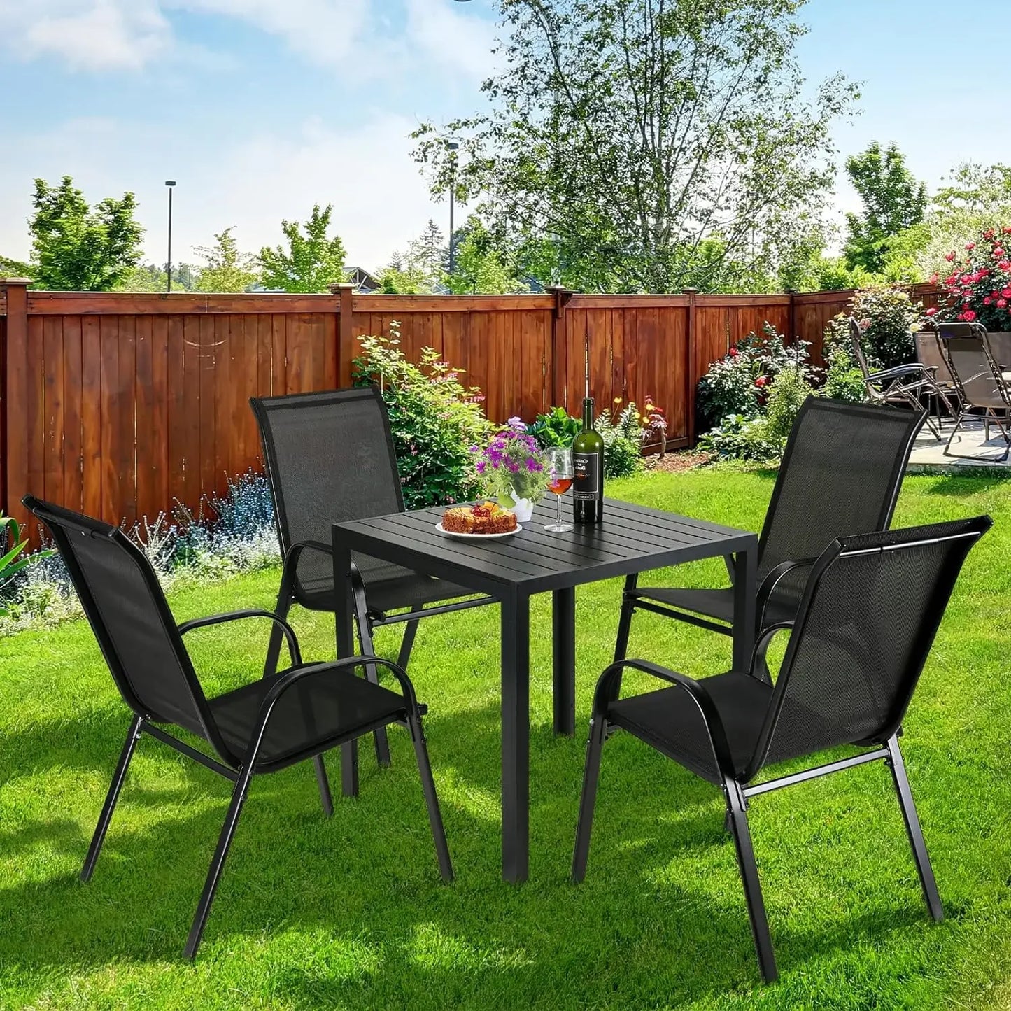 4PCS Garden Chairs Steel-iron+Teslin Fabric Folding High Back Balcony Chair Camping Chair Outdoor Seating Group Load 150kg Black - Louie's Joint 