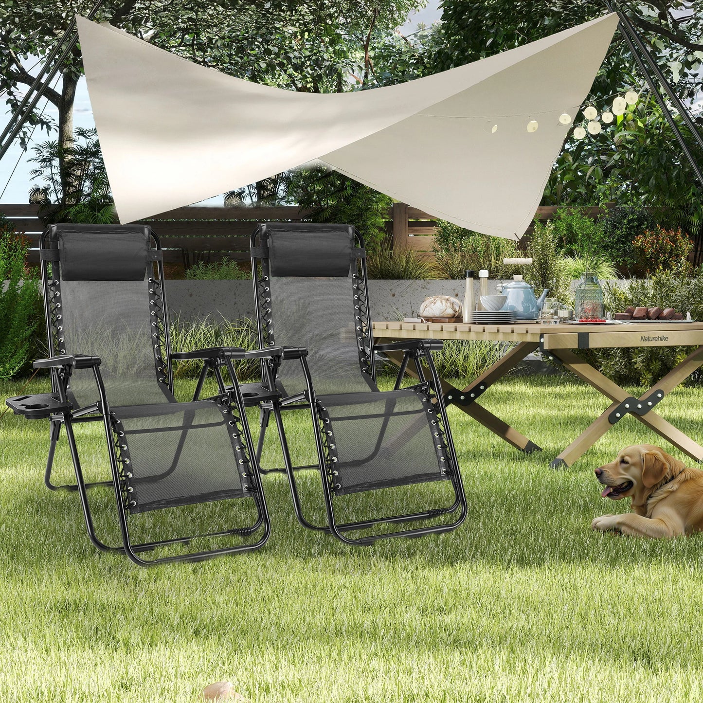 JHK Portable Zero Gravity Recliner Chairs Set of 2 Outdoor Garden Folding Lounge Chair with Cup Holder Trays Adjustable Pillow - Louie's Joint 