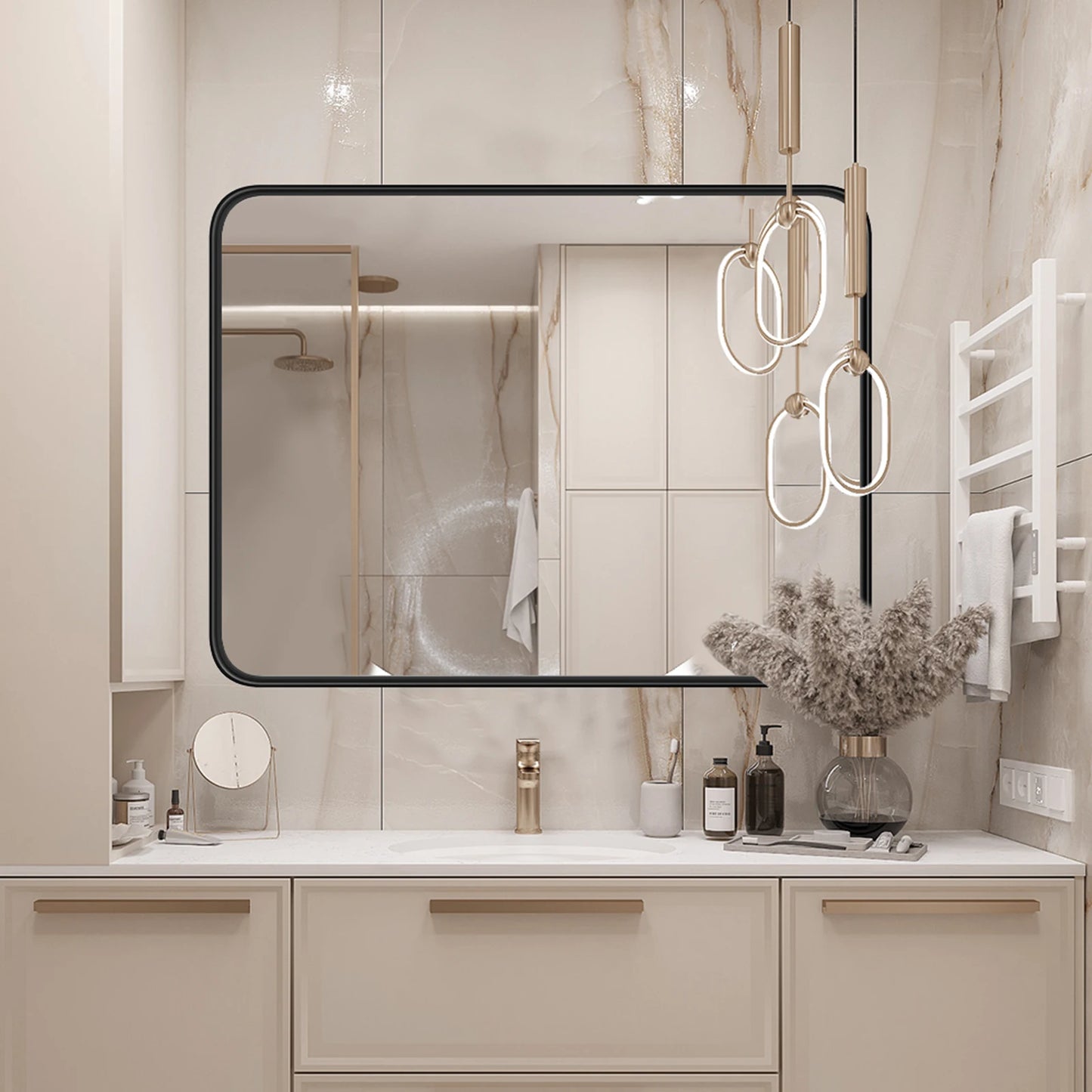 JHK Matte Metal Framed Bathroom Mirror for Wall,Vanity Rectangle Rounded Corner Tempered Glass Mirror,Clear Reflection,Modern