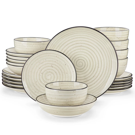 vancasso 24/48 Piece Beige Plates Dinner Sets Ceramic Dinnerware Sets Handpainted Spiral With 6 Dinner Plate/Dessert/Soup/Bowl - Louie's Joint 
