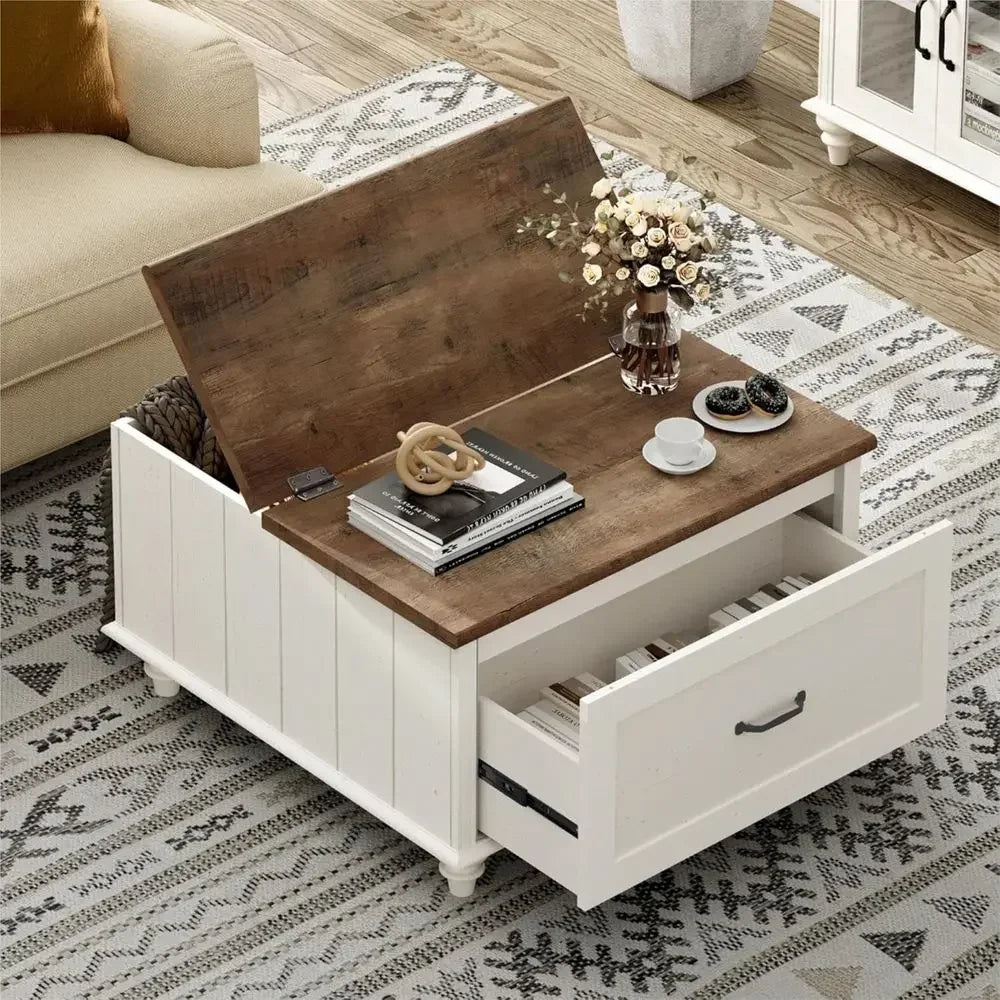 armhouse Lit Top Coee Table with Storage Cabinet, Square Coee Table with Large Der, Wooden Center Table or Living Room, Home, Oi
