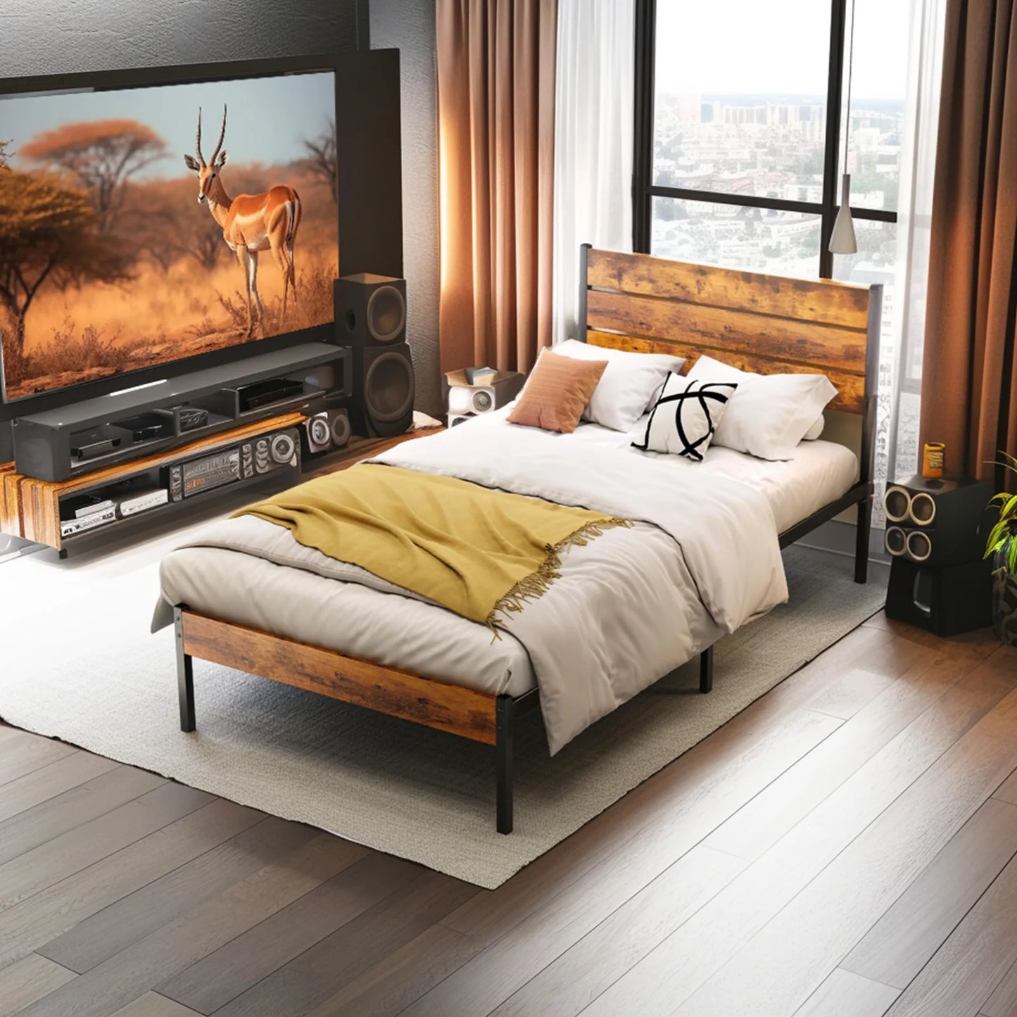 JHK Queen Size Metal Platform Bed Frame with Headboard and Footboard with 800LBS Sturdy Wooden Slats Support For Bed Room Home - Louie's Joint 