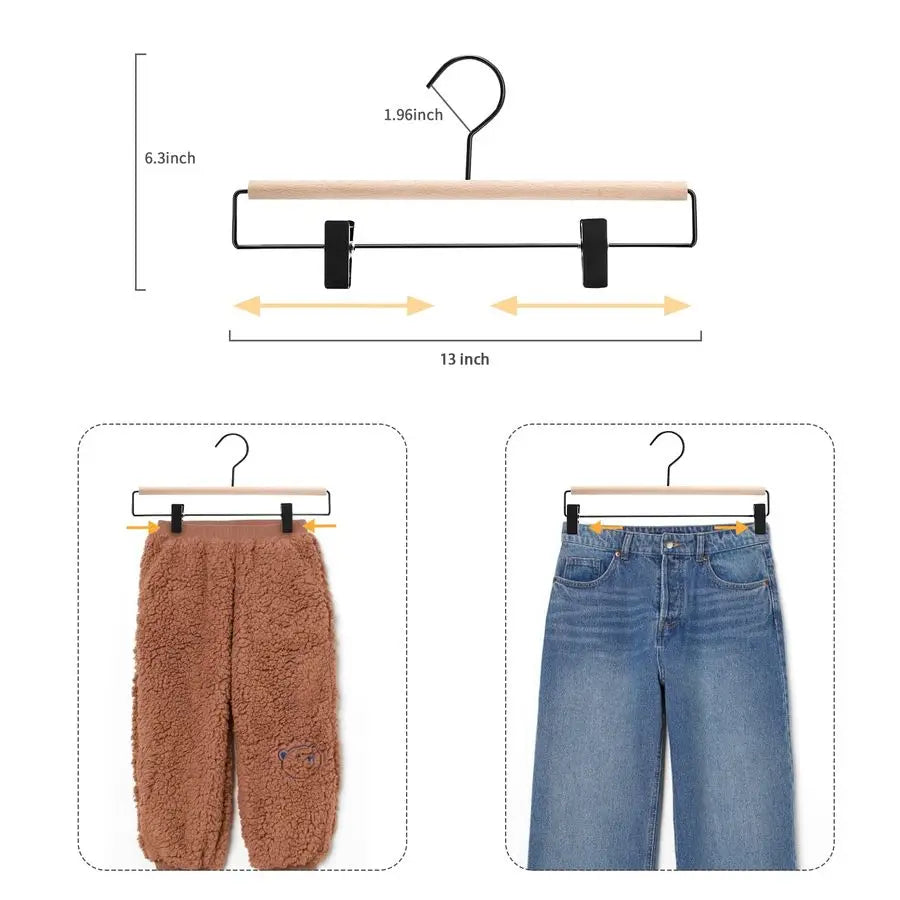 Deluxe Beech Wood Pants Hanger With Adjustable Clips And Hook