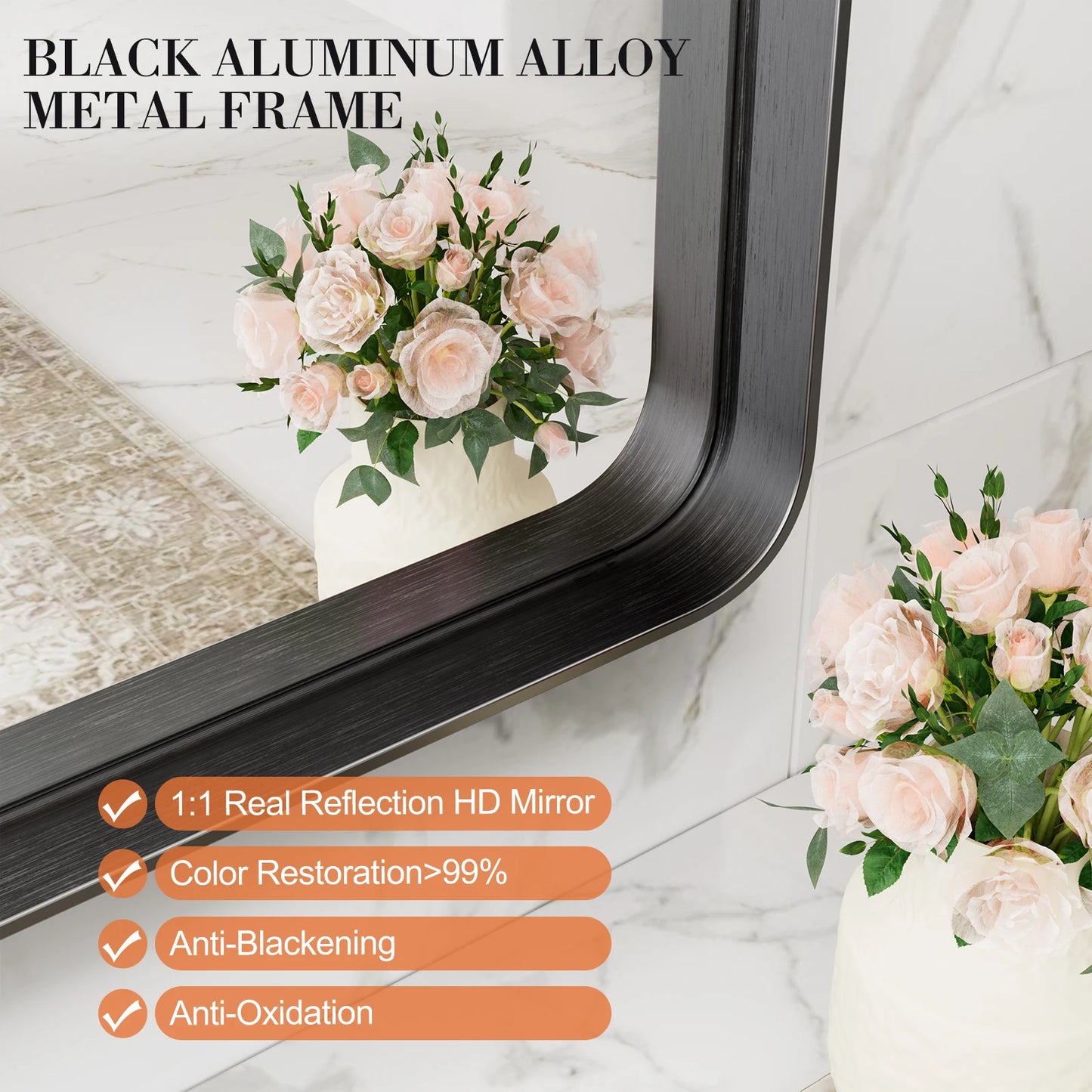 JHK Matte Metal Framed Bathroom Mirror for Wall,Vanity Rectangle Rounded Corner Tempered Glass Mirror,Clear Reflection,Modern