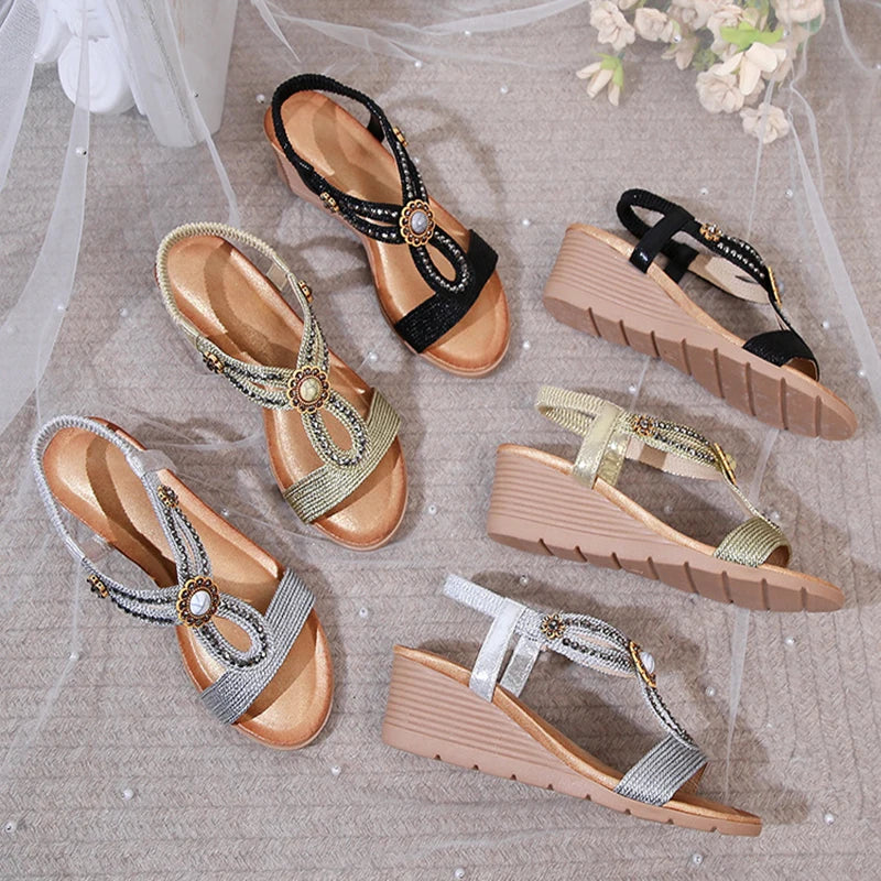Platform Wedge Sandals For Women With Rhinestones Beach Shoes