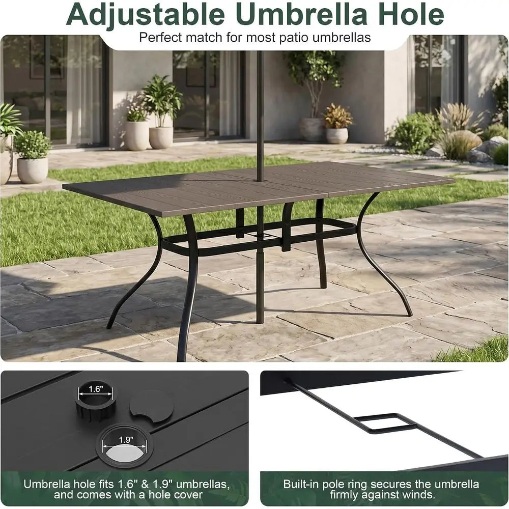 Patio Dining Table or 6,Large RecOutdoor Table with Adjustable Umbrella Hole,63"x 38"x 28",Brown