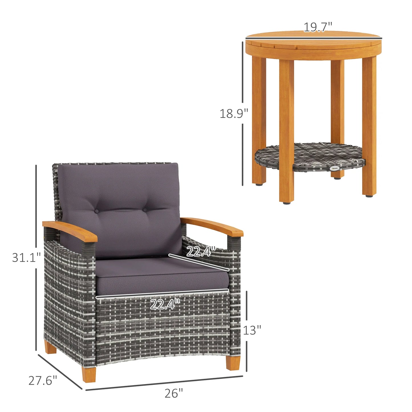 3 Pieces Wicker Patio Bistro Set Outdoor with Cushions, Gray - Louie's Joint 