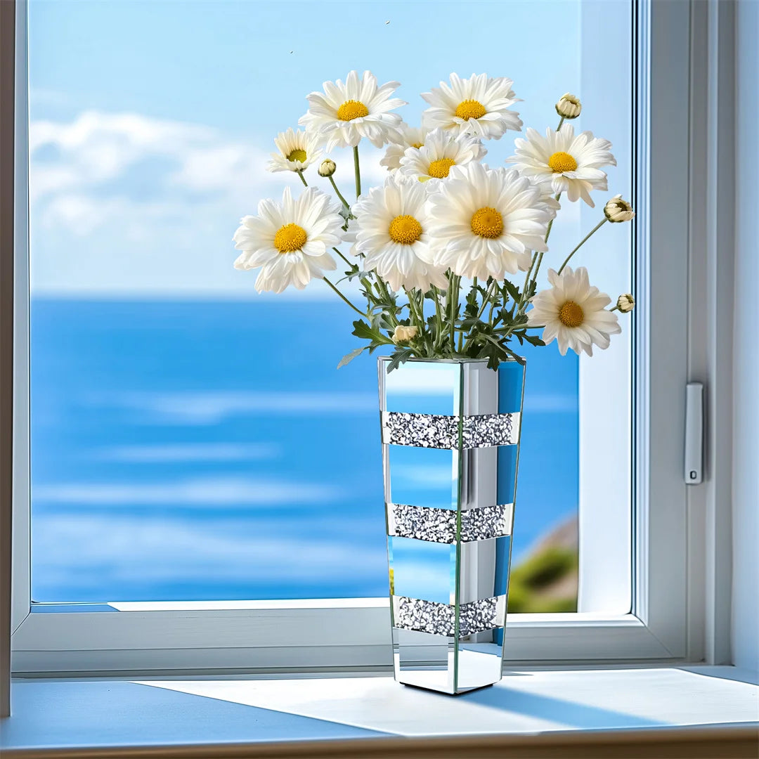 Modern Floor Vase Mirrored Silver Standing Flower Vase With Crystals