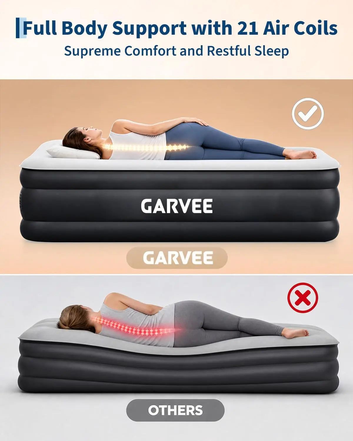 20in Raised Air Mattress Twin/Queen With Built-in Pump, Inflatable Bed For Guests, Vertical Coil Support, Leakproof PVC, Travel