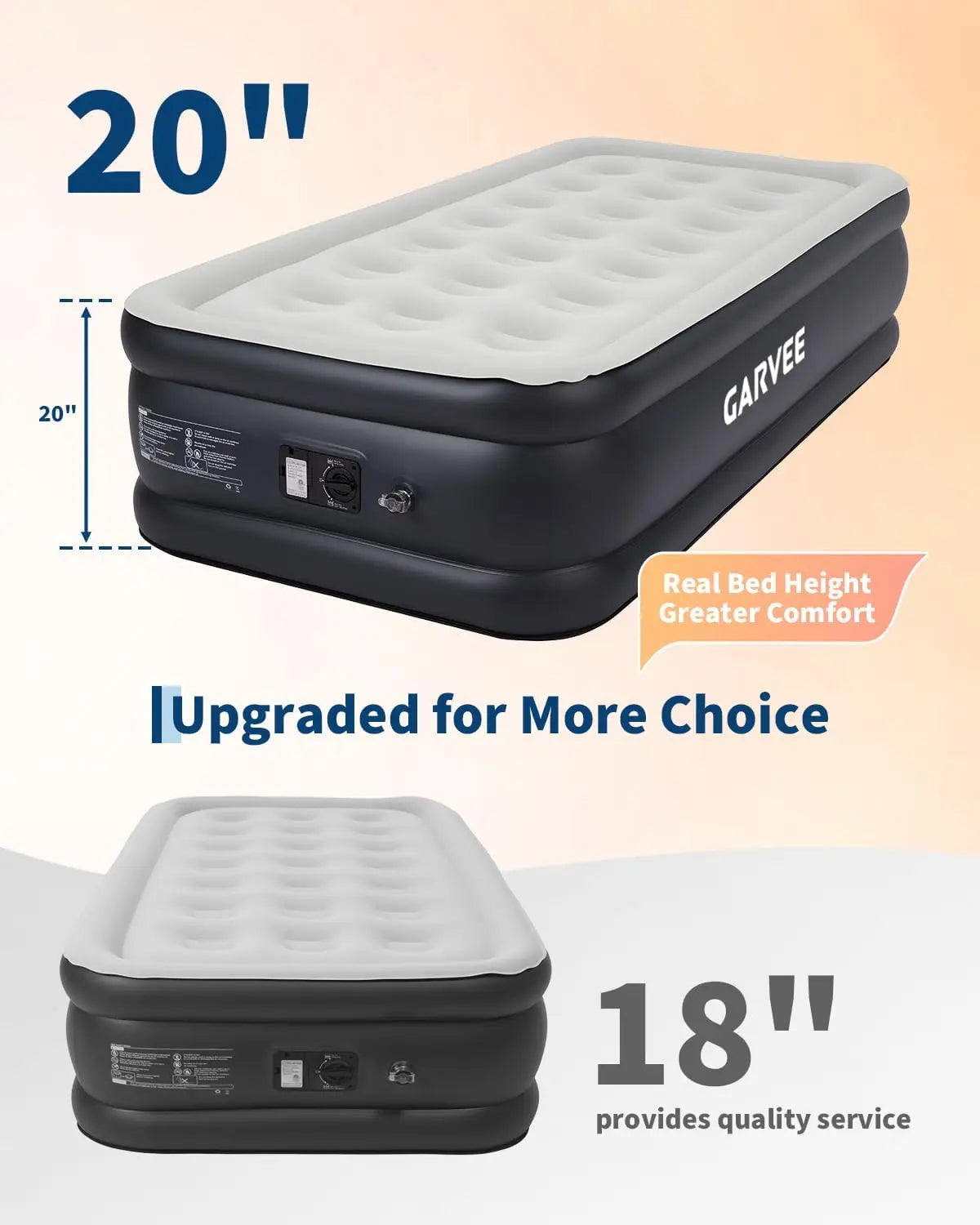 20in Raised Air Mattress Twin/Queen With Built-in Pump, Inflatable Bed For Guests, Vertical Coil Support, Leakproof PVC, Travel