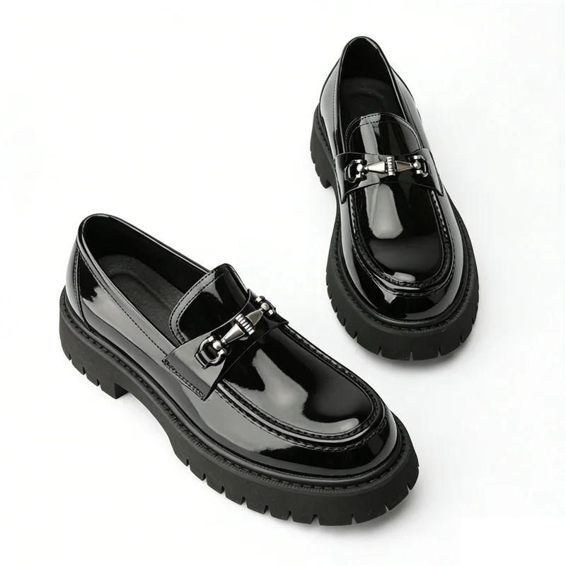 Metal Decoration Large Size Men's Leather Shoes Fashion Chunky Heel Platform All Match Loafers Outdoor Runway Single Shoes Hot