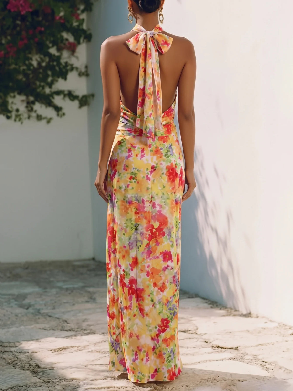 Women's Halter V Neck Sleeveless Maxi Dress Floral Watercolor Print Ruched Waist Bodycon Fit Side Split Long Ladies Dress