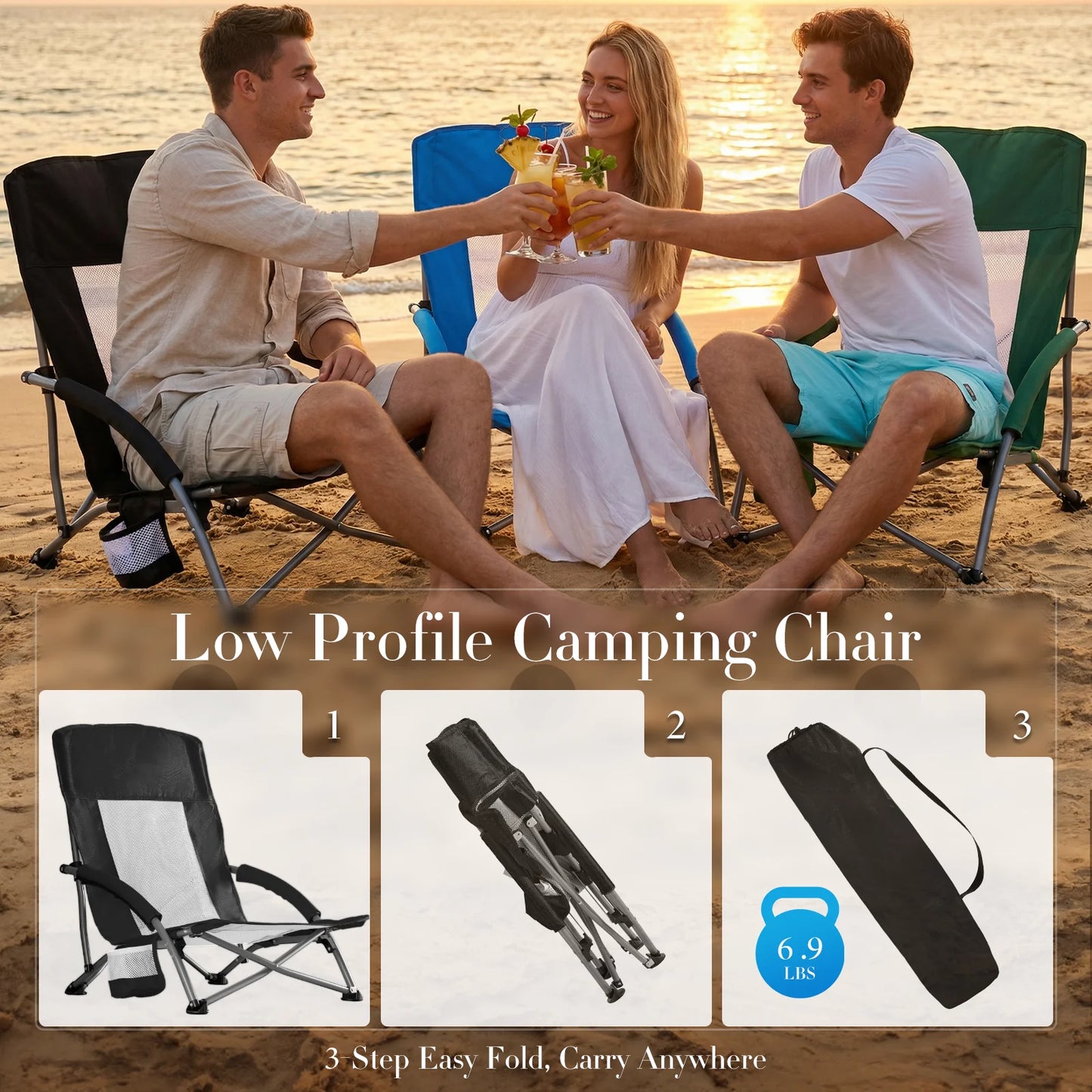 JHK Outdoor Portable Low Beach Camping Chair Folding Chair with Cup Holder Padded Armrests Sturdy Steel Frame Picnic Chair