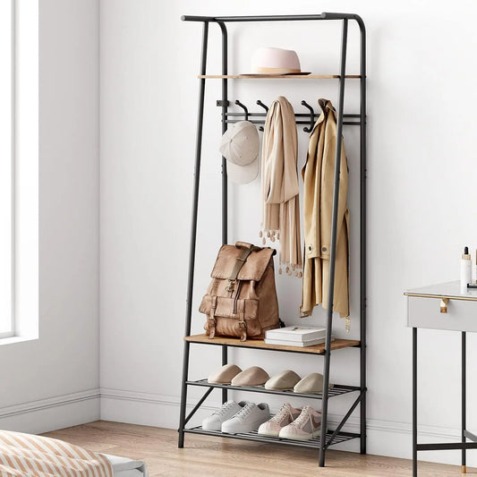 Coat Rack Hall Tree with Shoe Storage Bench, 4-in-1 Entryway Organizer Featuring 10 Hooks and 3 Tier Shoe Rack, Durable Metal Frame, Freestanding Storage Unit for Hallway, Single Row