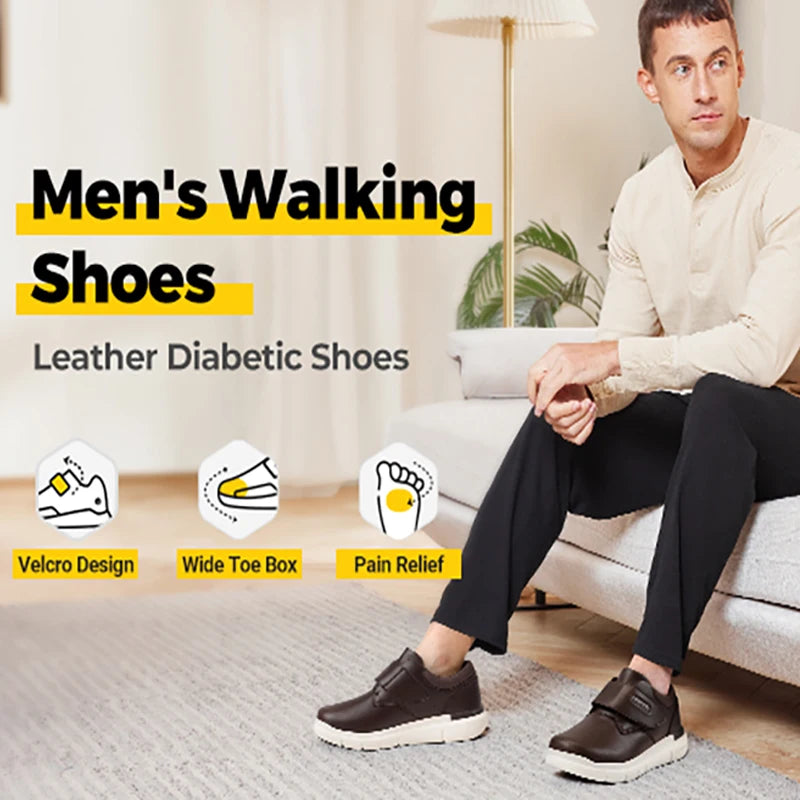 FitVille Men's Wide Leather Shoes Diabetic Shoes Slip On Shoes for Orthopedic Toes Swollen Feet Non-Slip Lightweight
