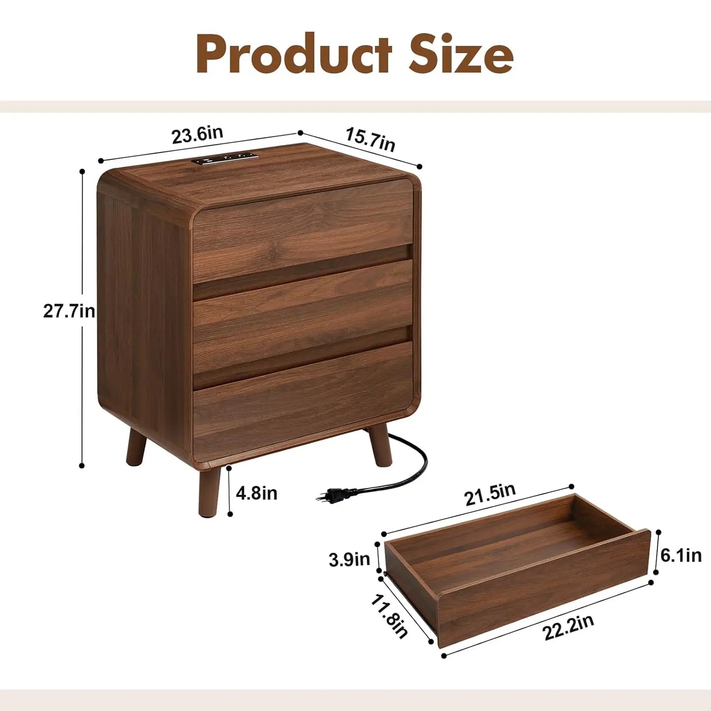 Three-Drawer Tall Nightstands Set Of Two With Charging Station